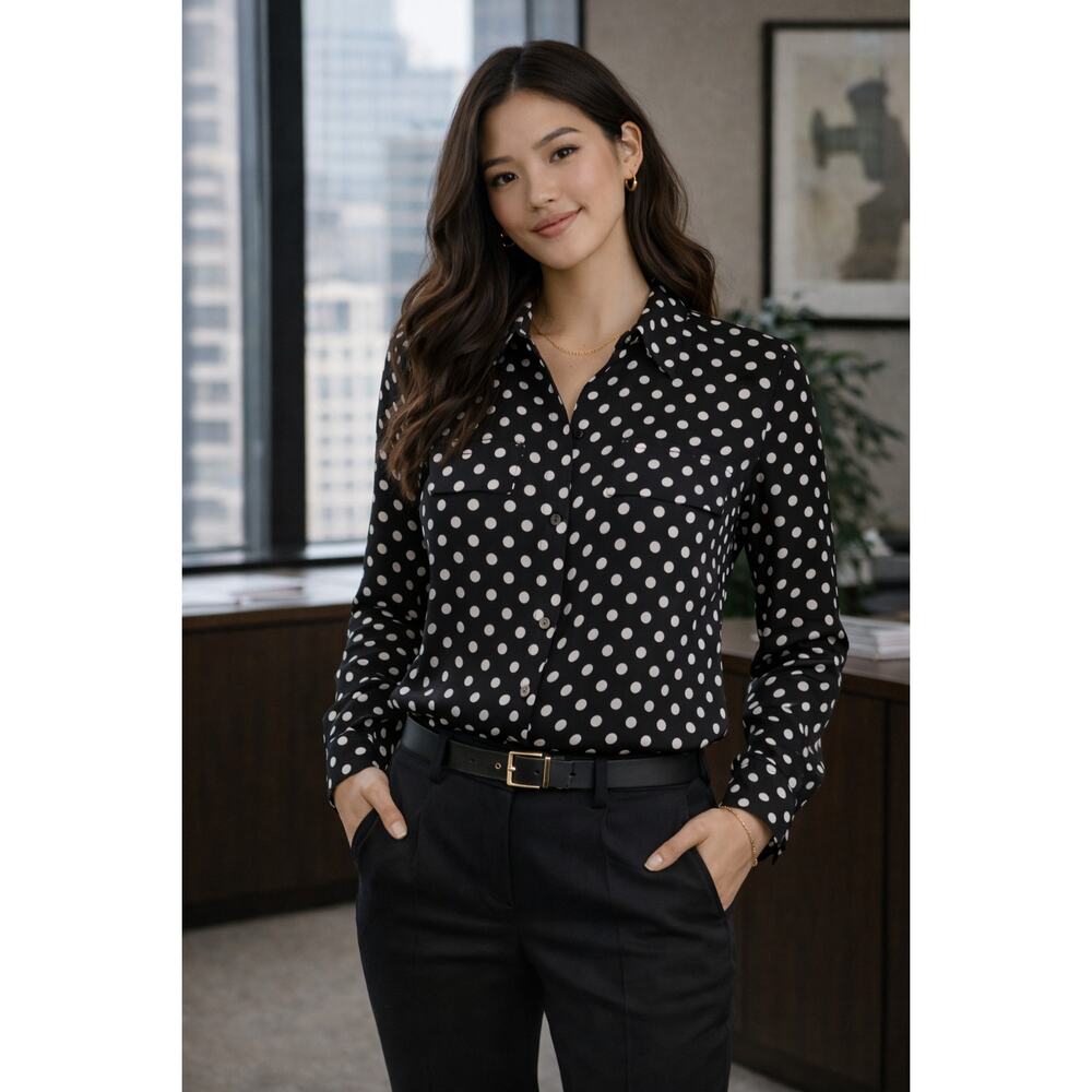 Equipment Femme S/P Polka Dot 100% Silk Blouse Black White Button Front